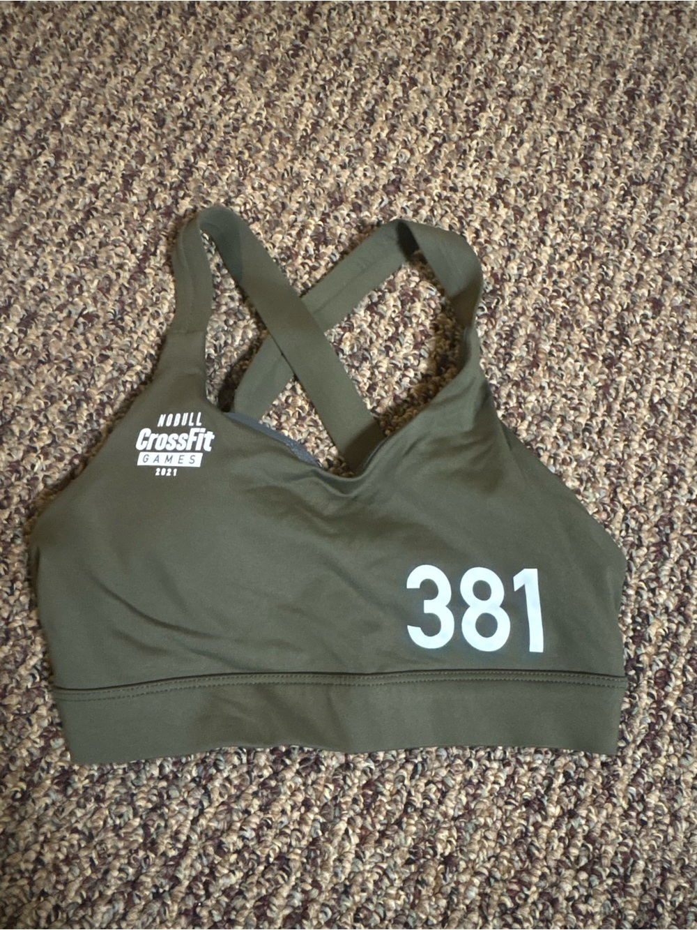 NOBULL Olive Cross-Back Sports Bra with Race Number
